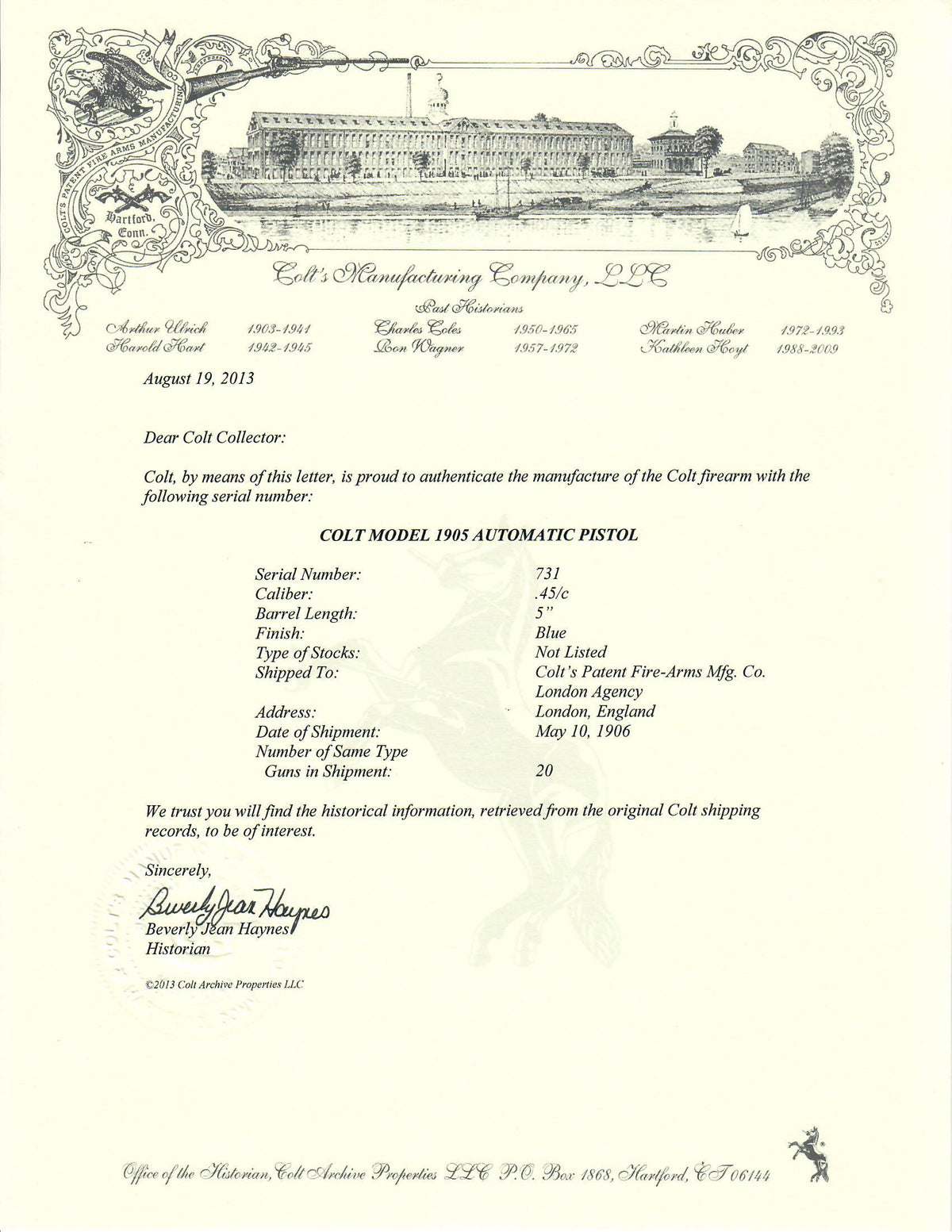 Colt Model 1905 45ACP SN:731 MFG:1906