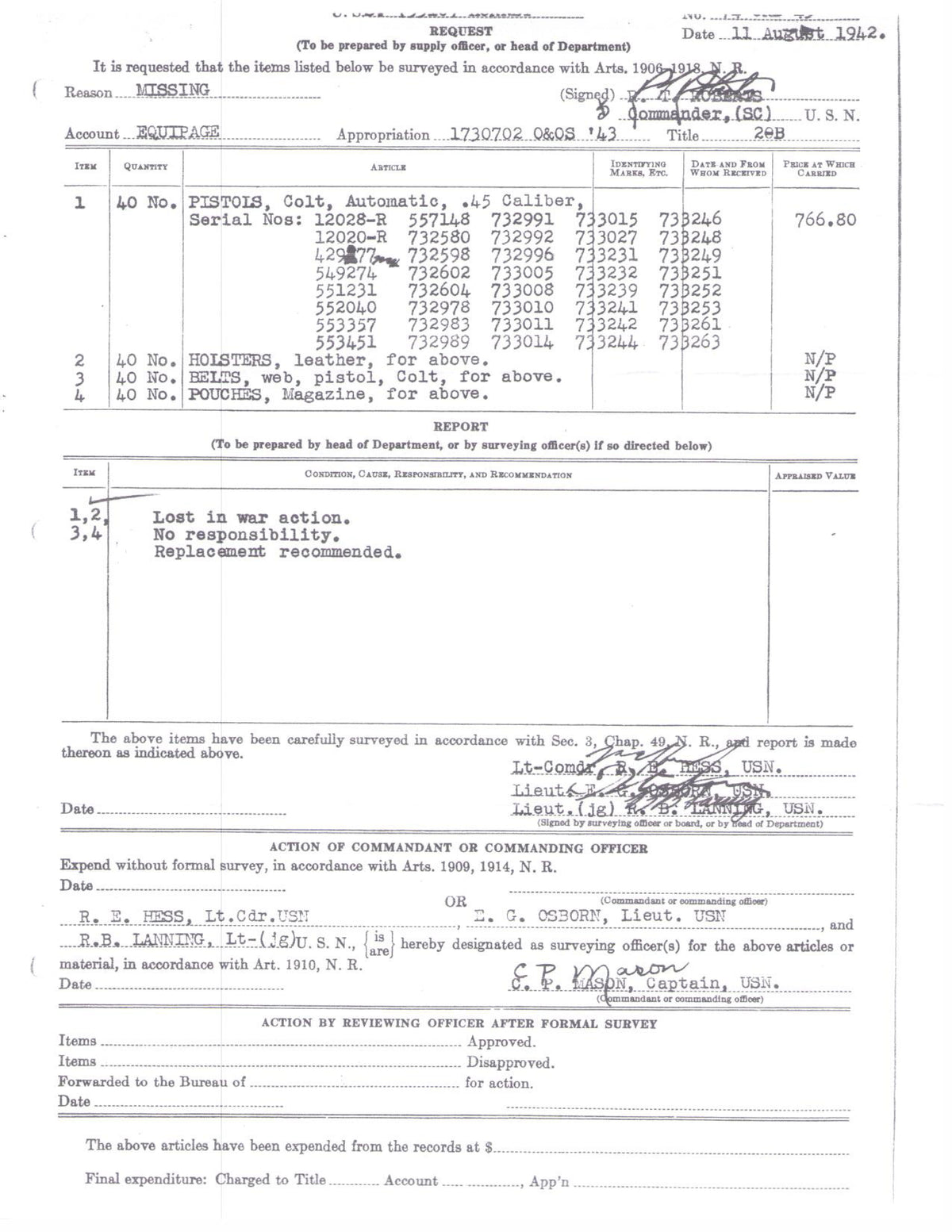 Colt M1911A1 45ACP SN:733241 MFG:1941 - USS HORNET