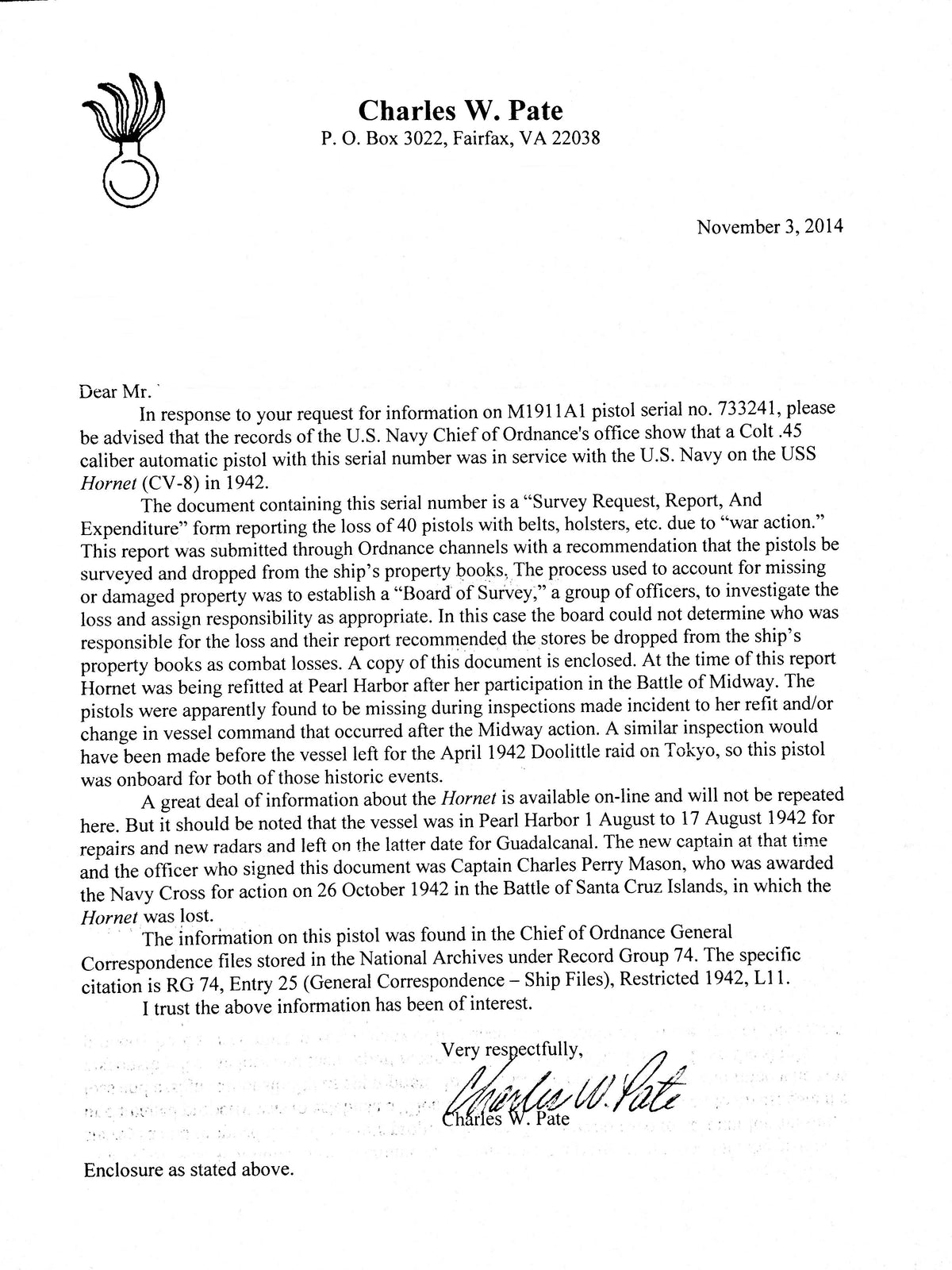 Colt M1911A1 45ACP SN:733241 MFG:1941 - USS HORNET