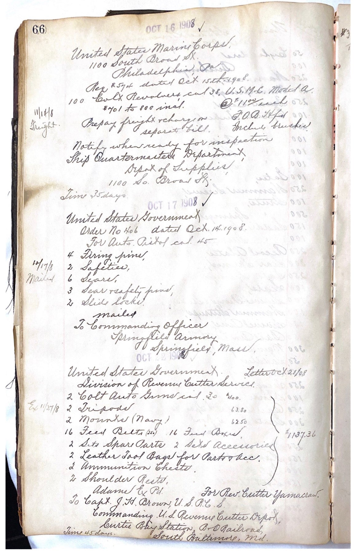 Colt Model 1905 Marine Corps .38 6&quot; SN:751 MFG:1908