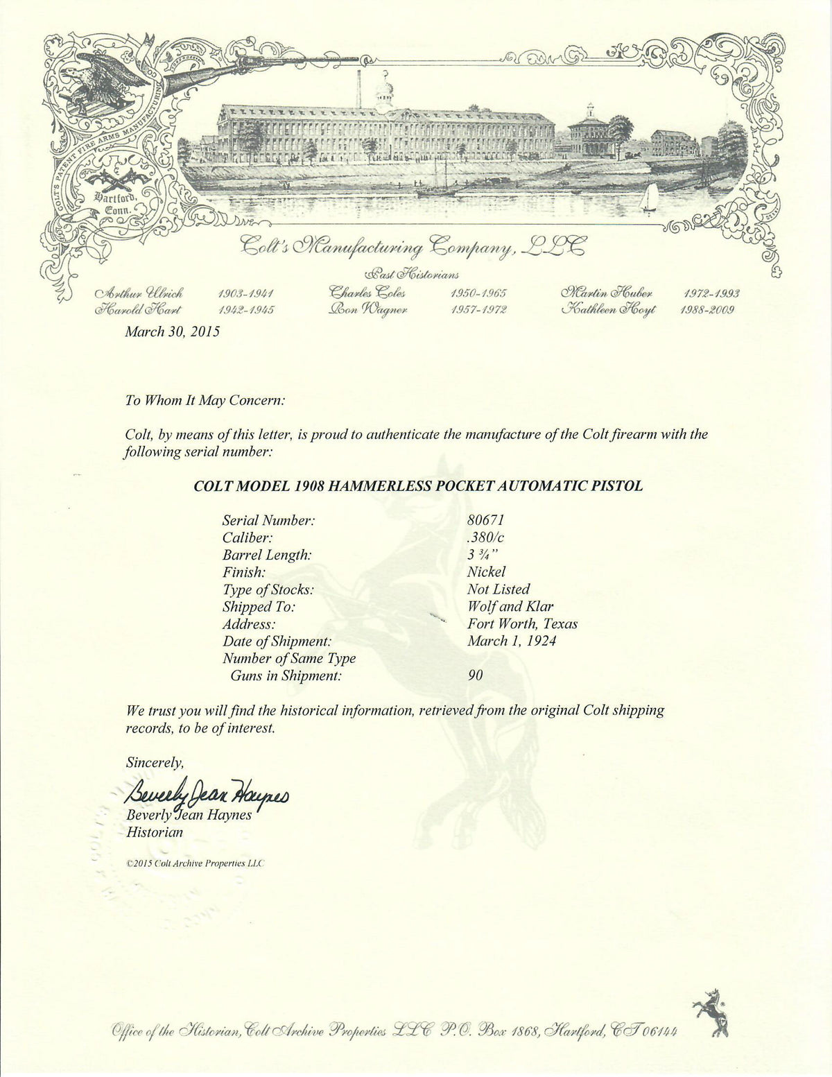 Colt 1908 Pocket Hammerless 380ACP SN:80671 MFG:1924