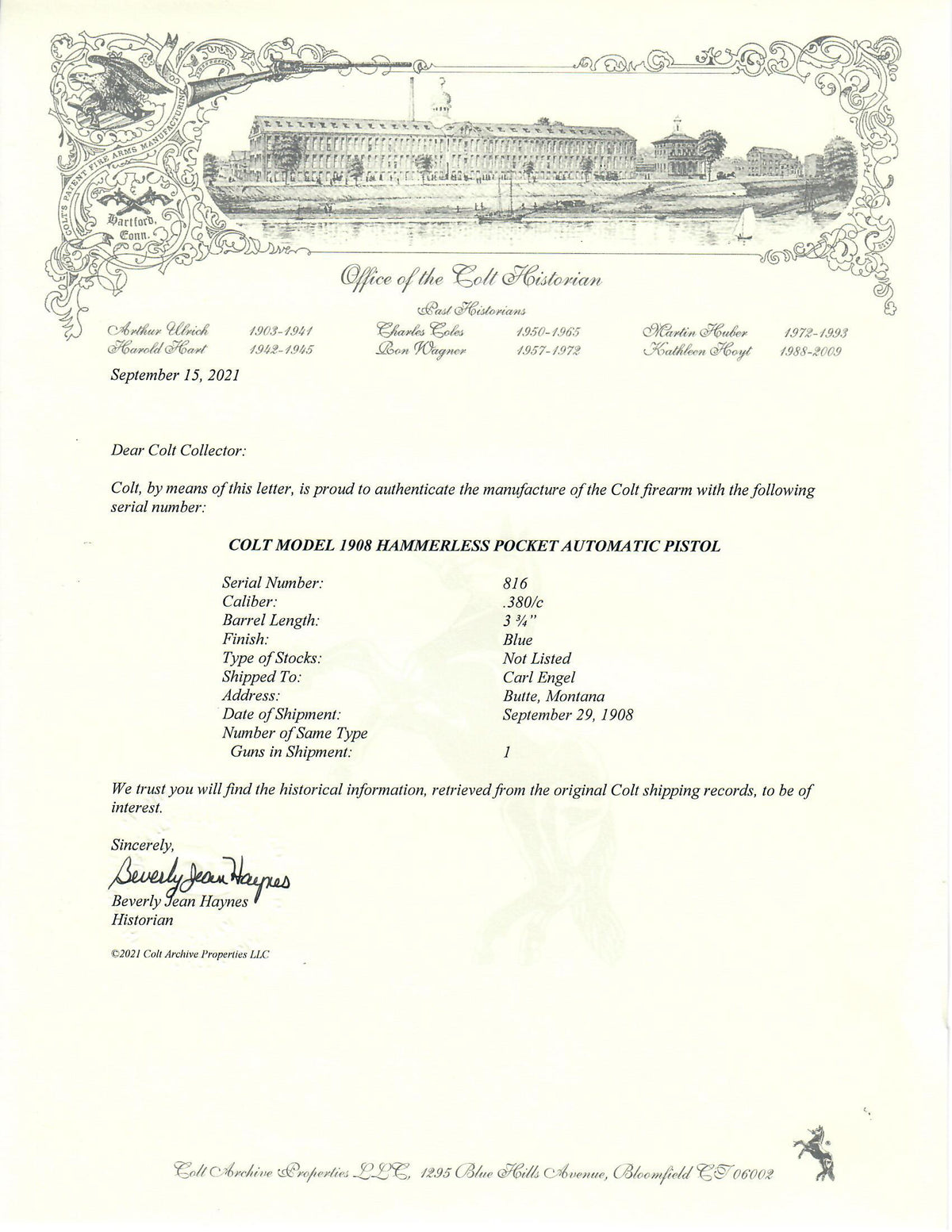 Colt 1908 Pocket Hammerless 380ACP SN:816 MFG:1908