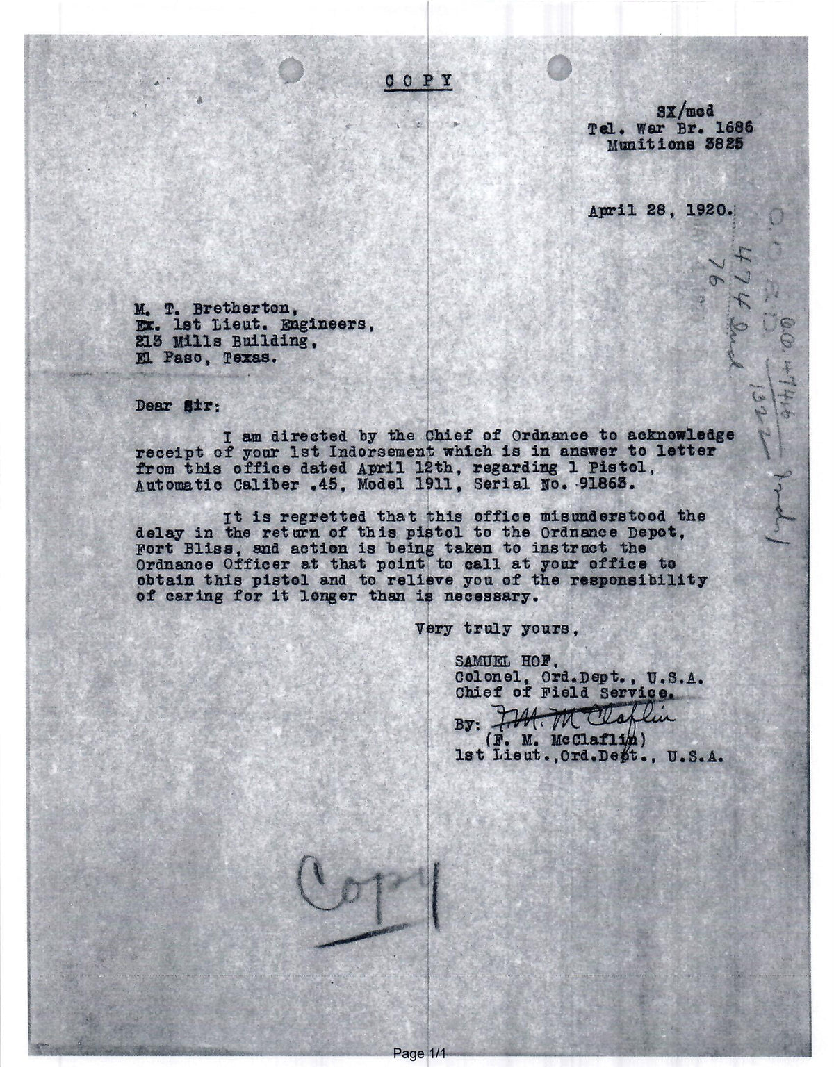 Colt M1911 45ACP SN:91863 MFG:1914 - LT Bretherton.