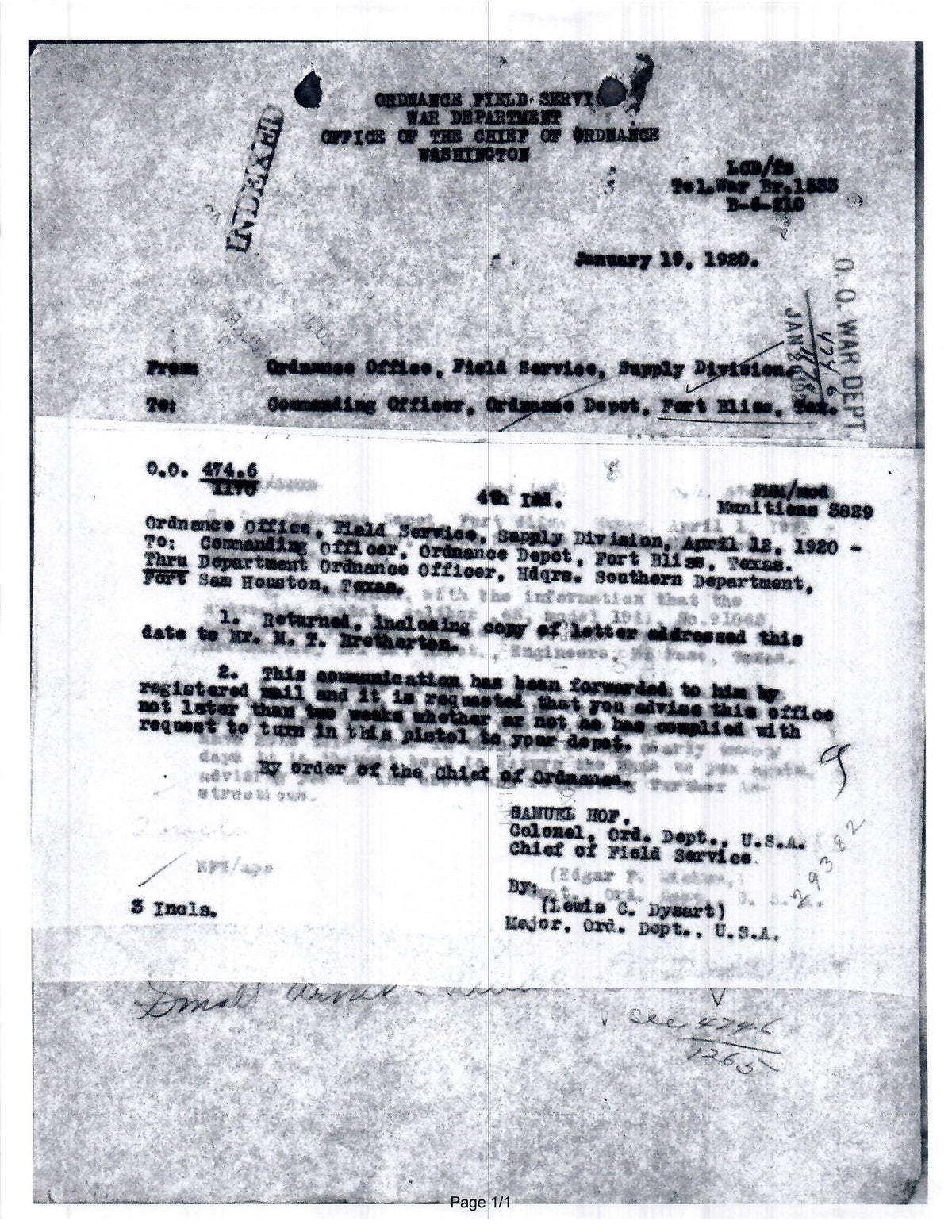 Colt M1911 45ACP SN:91863 MFG:1914 - LT Bretherton.