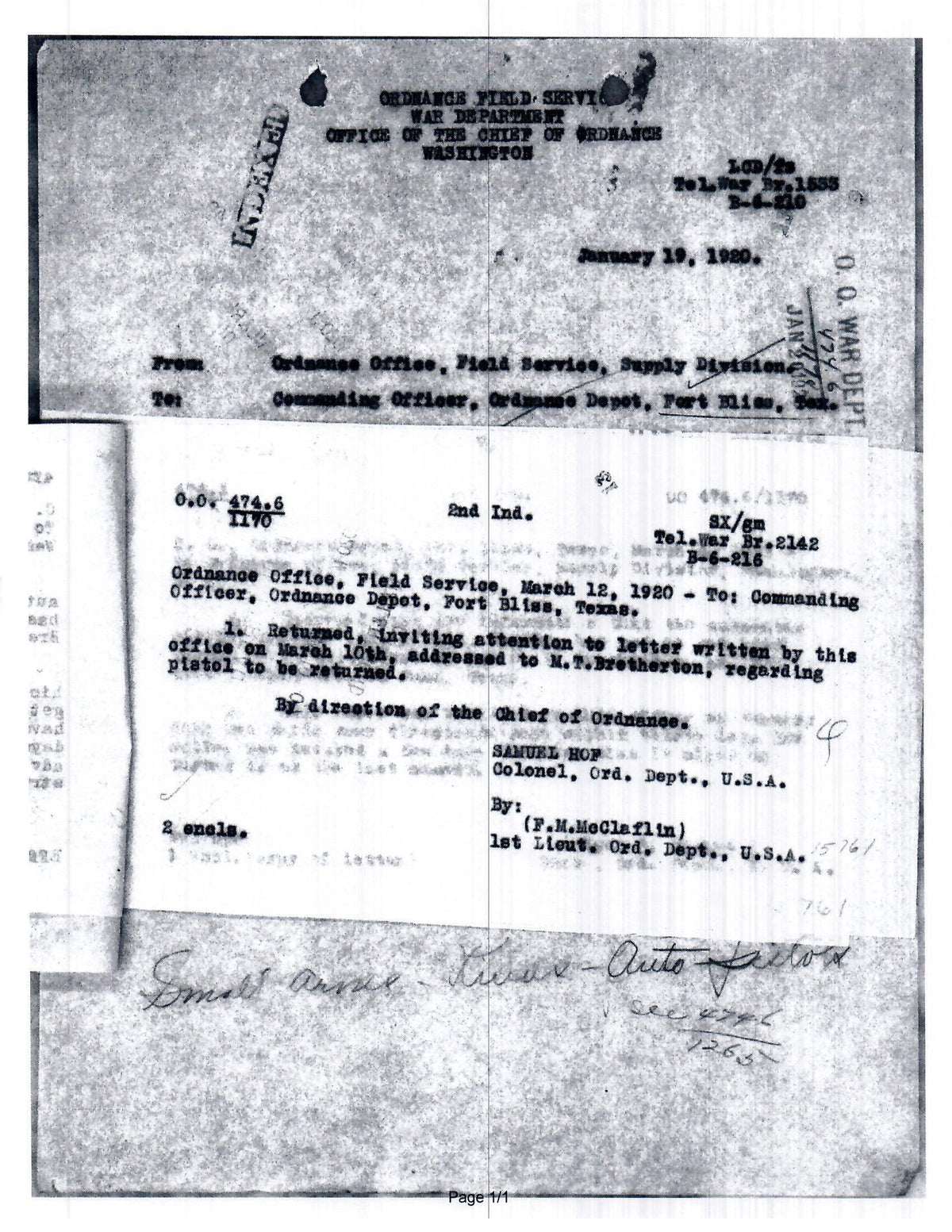 Colt M1911 45ACP SN:91863 MFG:1914 - LT Bretherton.