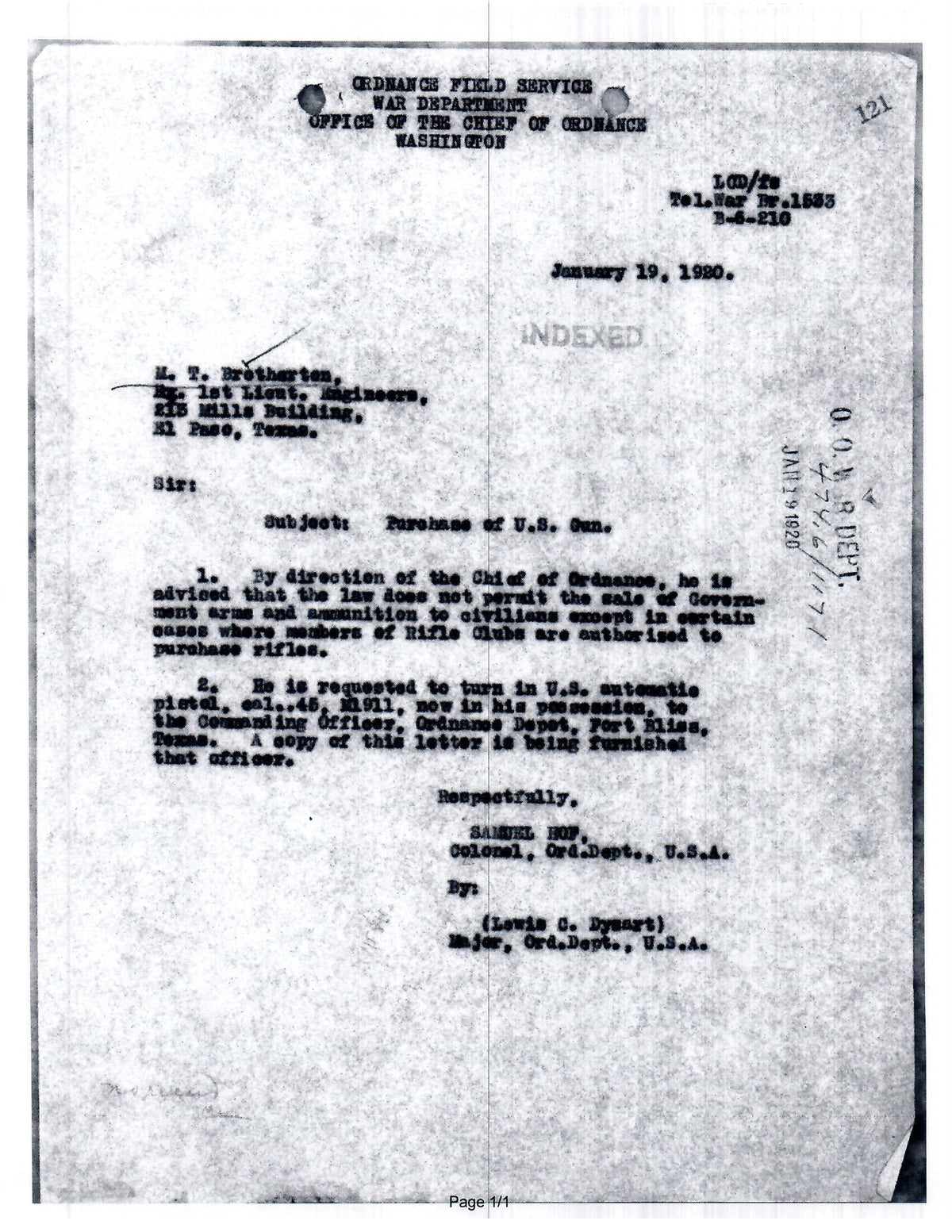 Colt M1911 45ACP SN:91863 MFG:1914 - LT Bretherton.