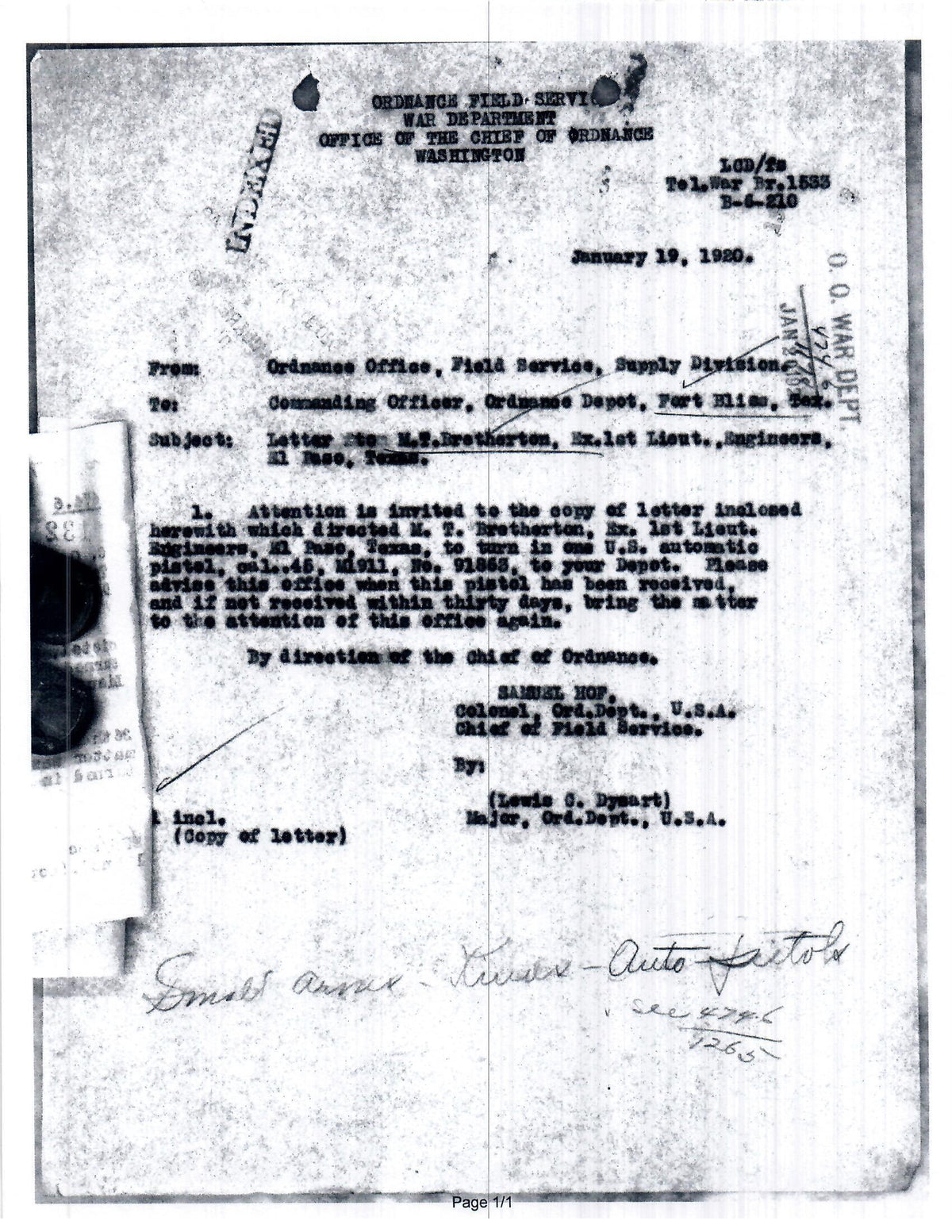 Colt M1911 45ACP SN:91863 MFG:1914 - LT Bretherton.