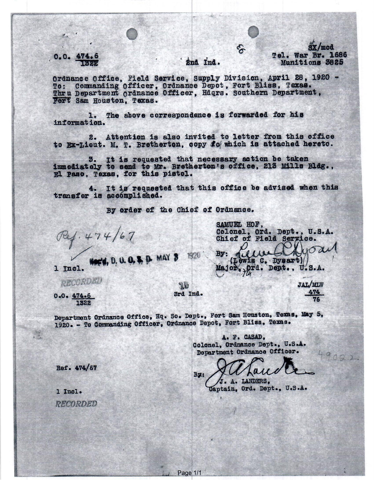 Colt M1911 45ACP SN:91863 MFG:1914 - LT Bretherton.