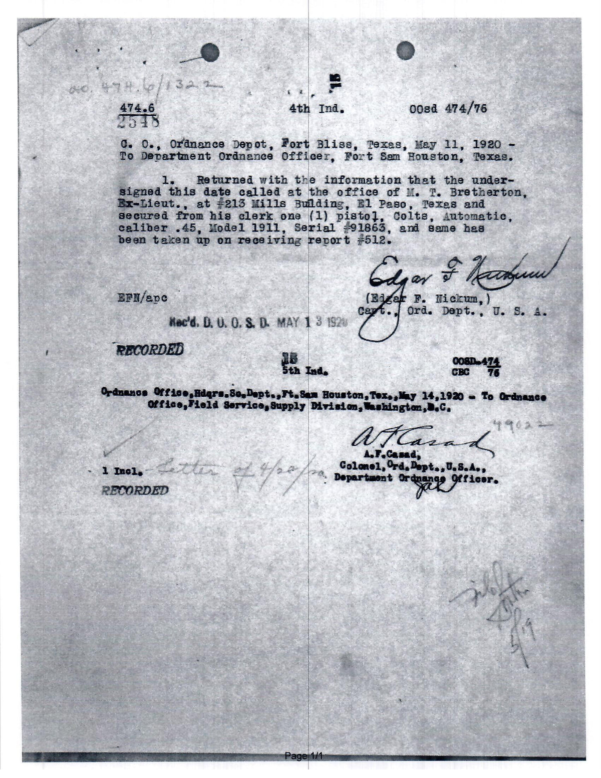 Colt M1911 45ACP SN:91863 MFG:1914 - LT Bretherton.