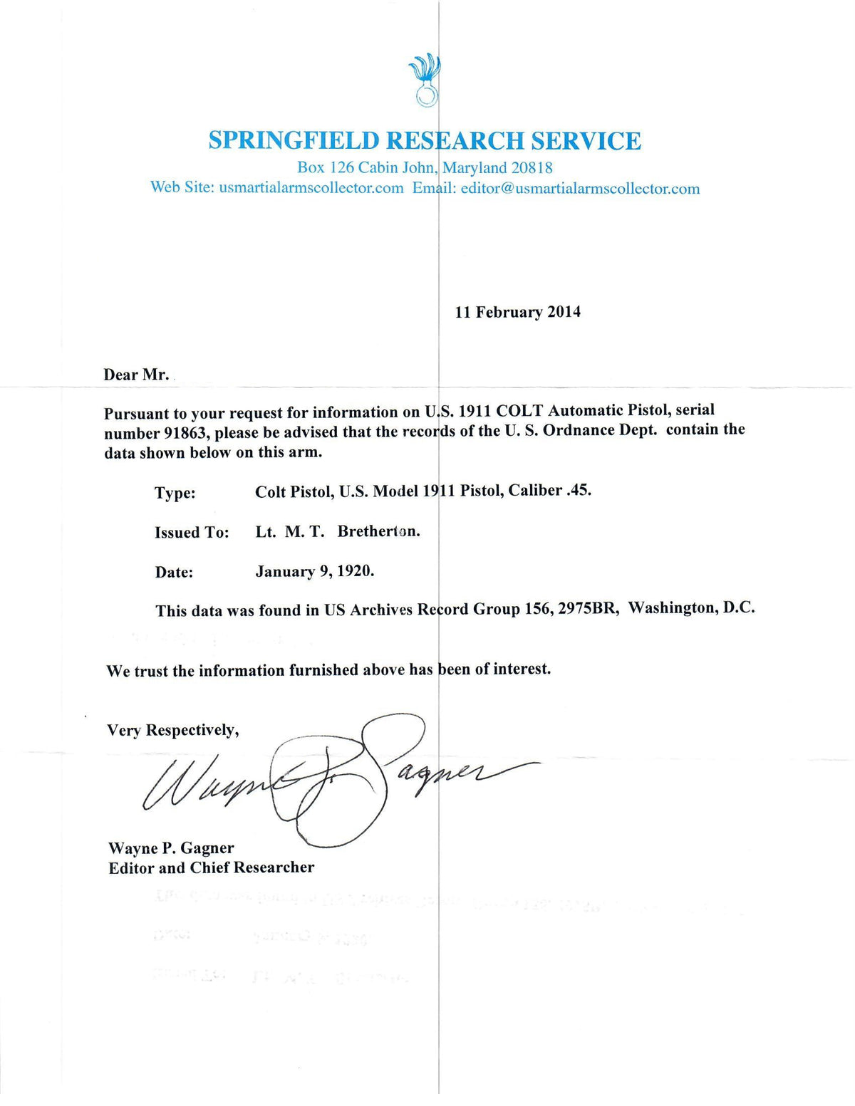 Colt M1911 45ACP SN:91863 MFG:1914 - LT Bretherton.