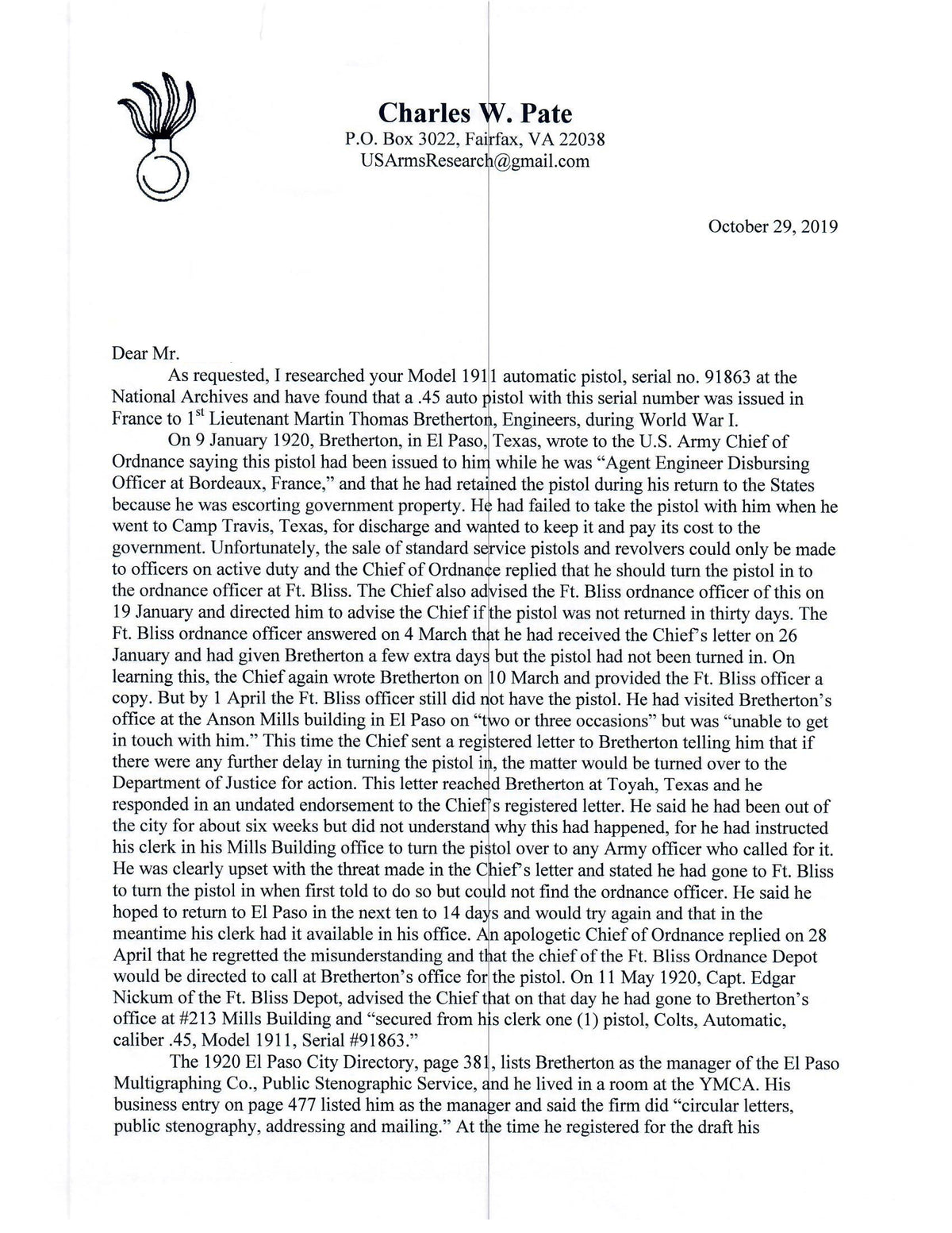 Colt M1911 45ACP SN:91863 MFG:1914 - LT Bretherton.