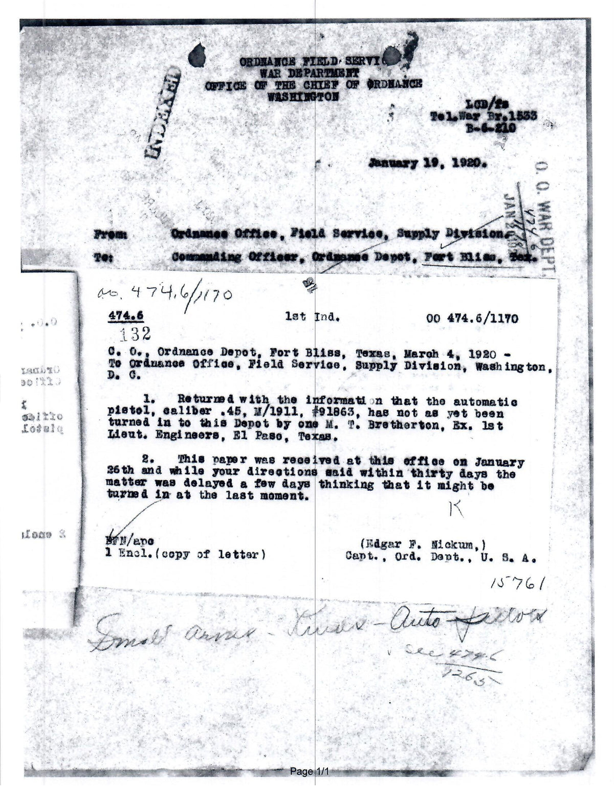 Colt M1911 45ACP SN:91863 MFG:1914 - LT Bretherton.