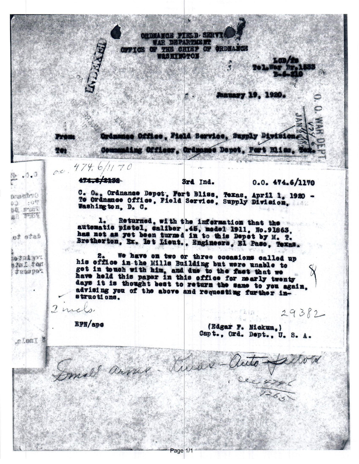 Colt M1911 45ACP SN:91863 MFG:1914 - LT Bretherton.