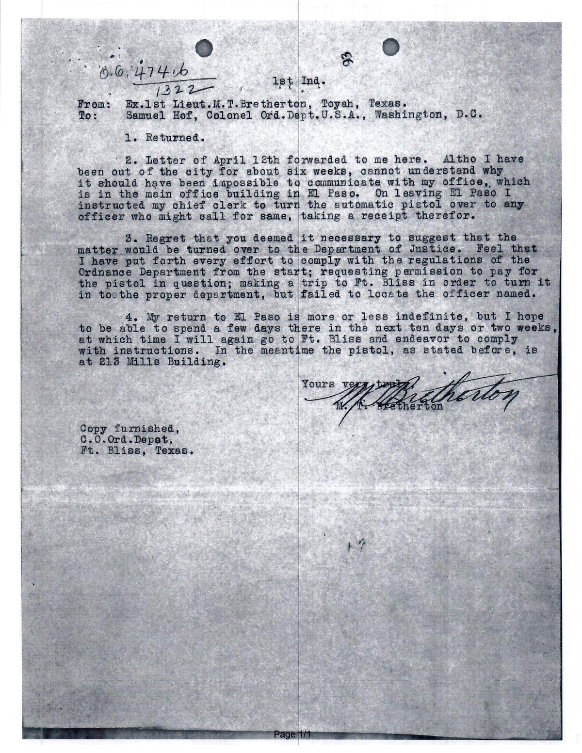 Colt M1911 45ACP SN:91863 MFG:1914 - LT Bretherton.