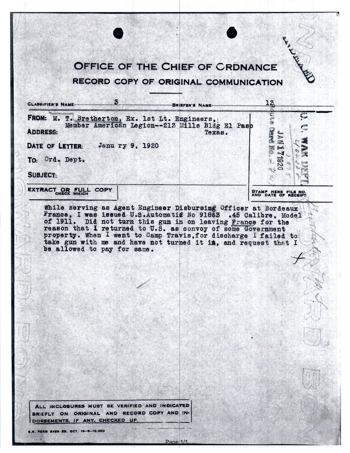 Colt M1911 45ACP SN:91863 MFG:1914 - LT Bretherton.