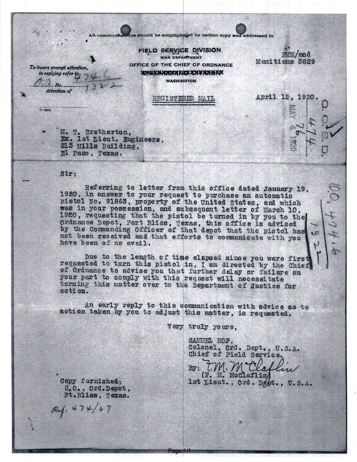 Colt M1911 45ACP SN:91863 MFG:1914 - LT Bretherton.