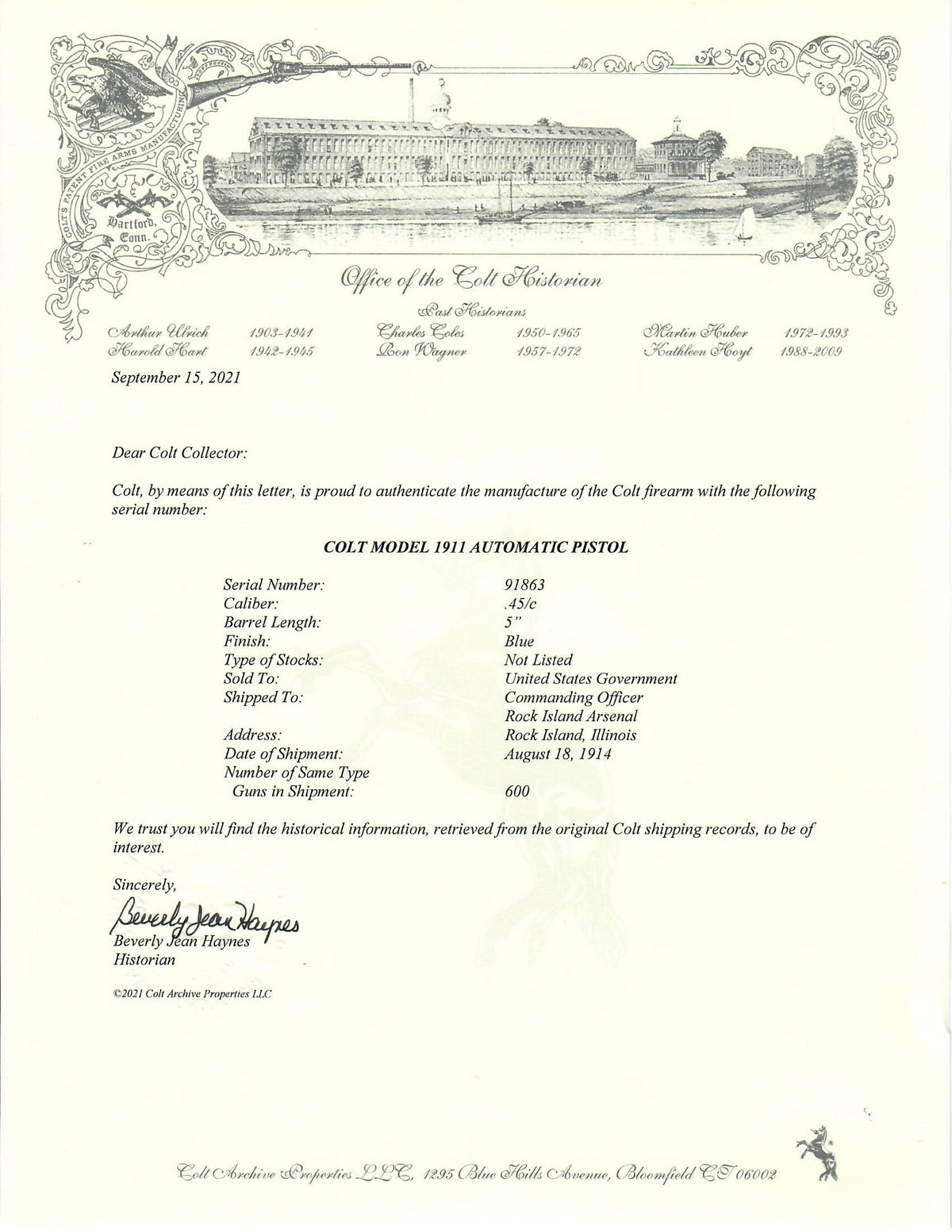 Colt M1911 45ACP SN:91863 MFG:1914 - LT Bretherton.