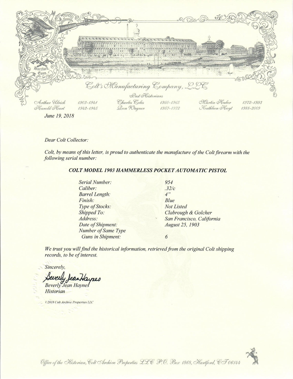 Colt 1903 Pocket Hammerless 32ACP SN:954 MFG:1903