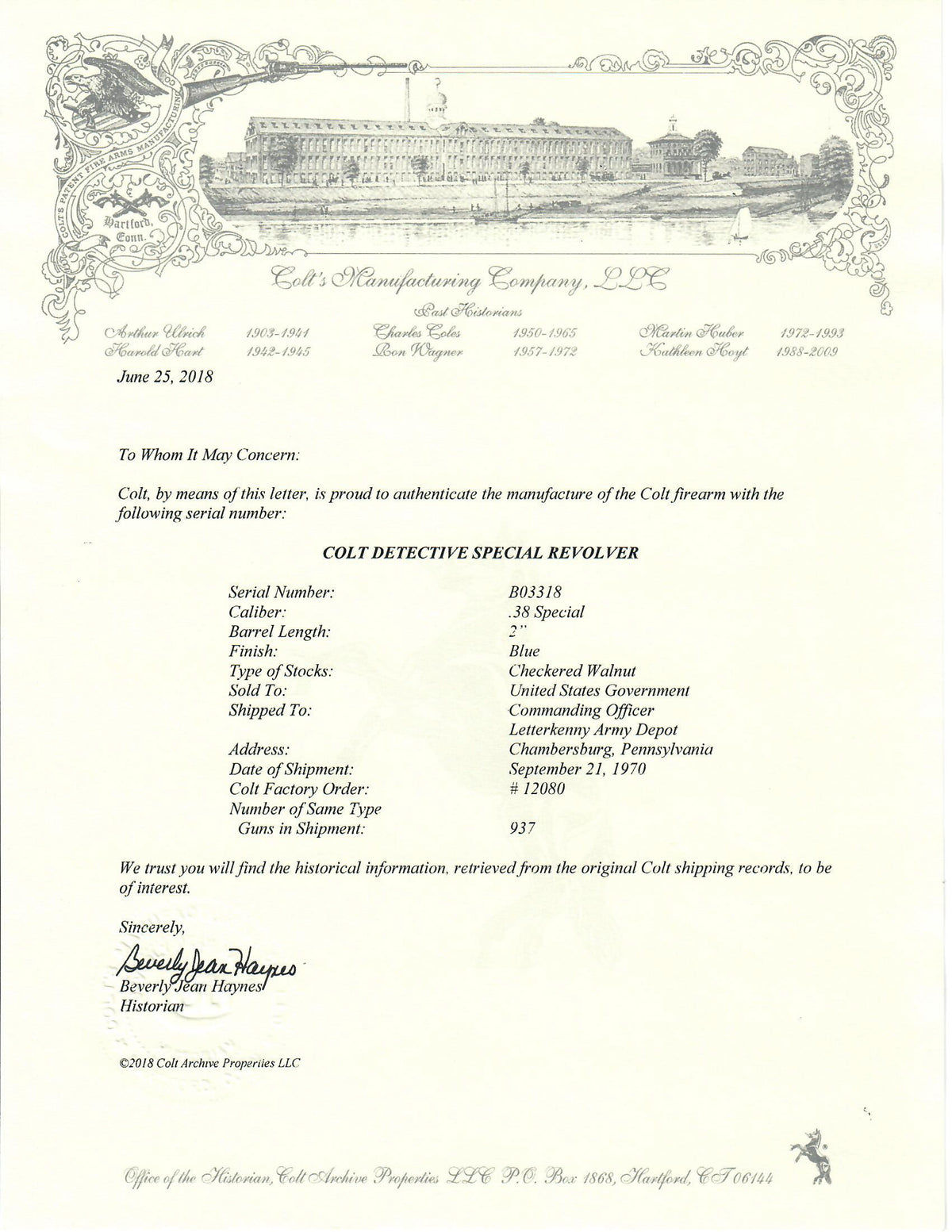 Colt Detective Special 38 SN:B03318 MFG:1970 - Letterkenny Army Depot