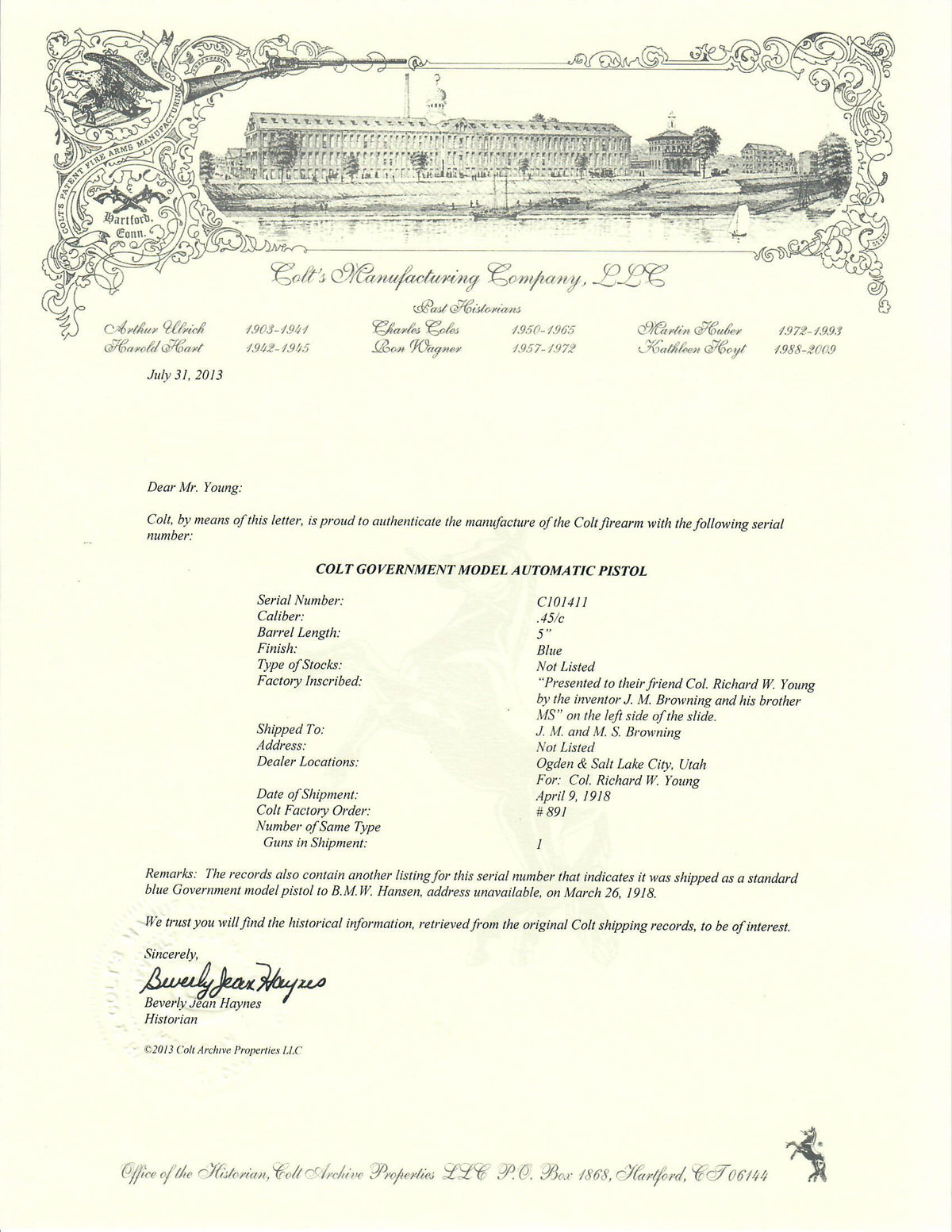 Colt Government Model 45ACP SN:C101411 MFG:1918 - Young-Browning Presentation
