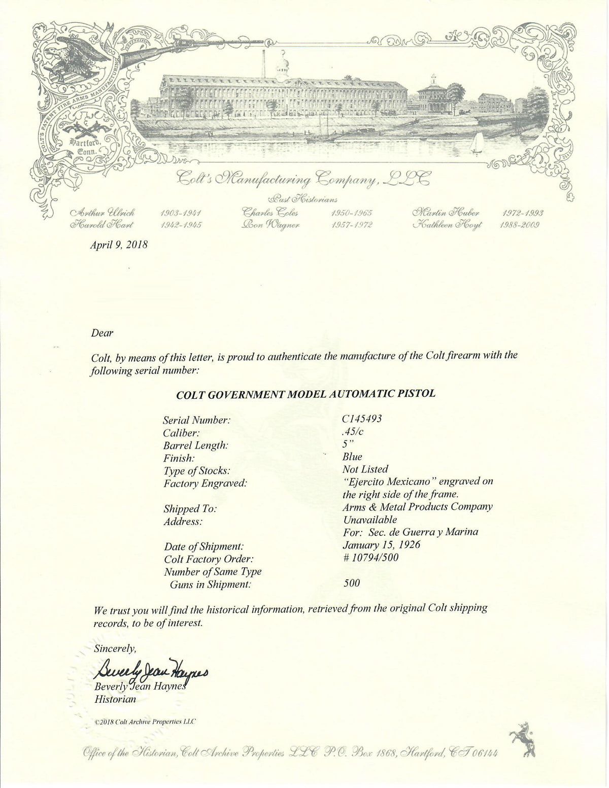 Colt Government Model 45ACP SN:C145493 MFG:1926 Mexican Army