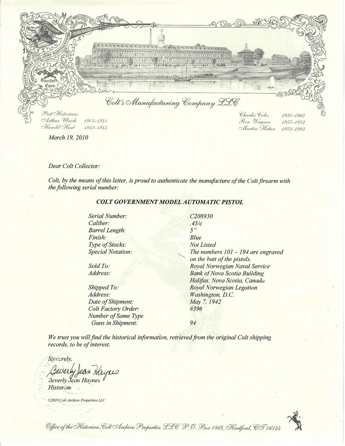 Colt Government Model 45ACP SN:C208930 MFG:1942 Norwegian Navy