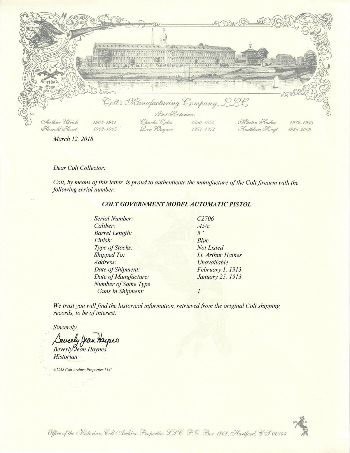 Colt Government Model 45ACP SN:C2706 MFG:1913 - Military/Commerical