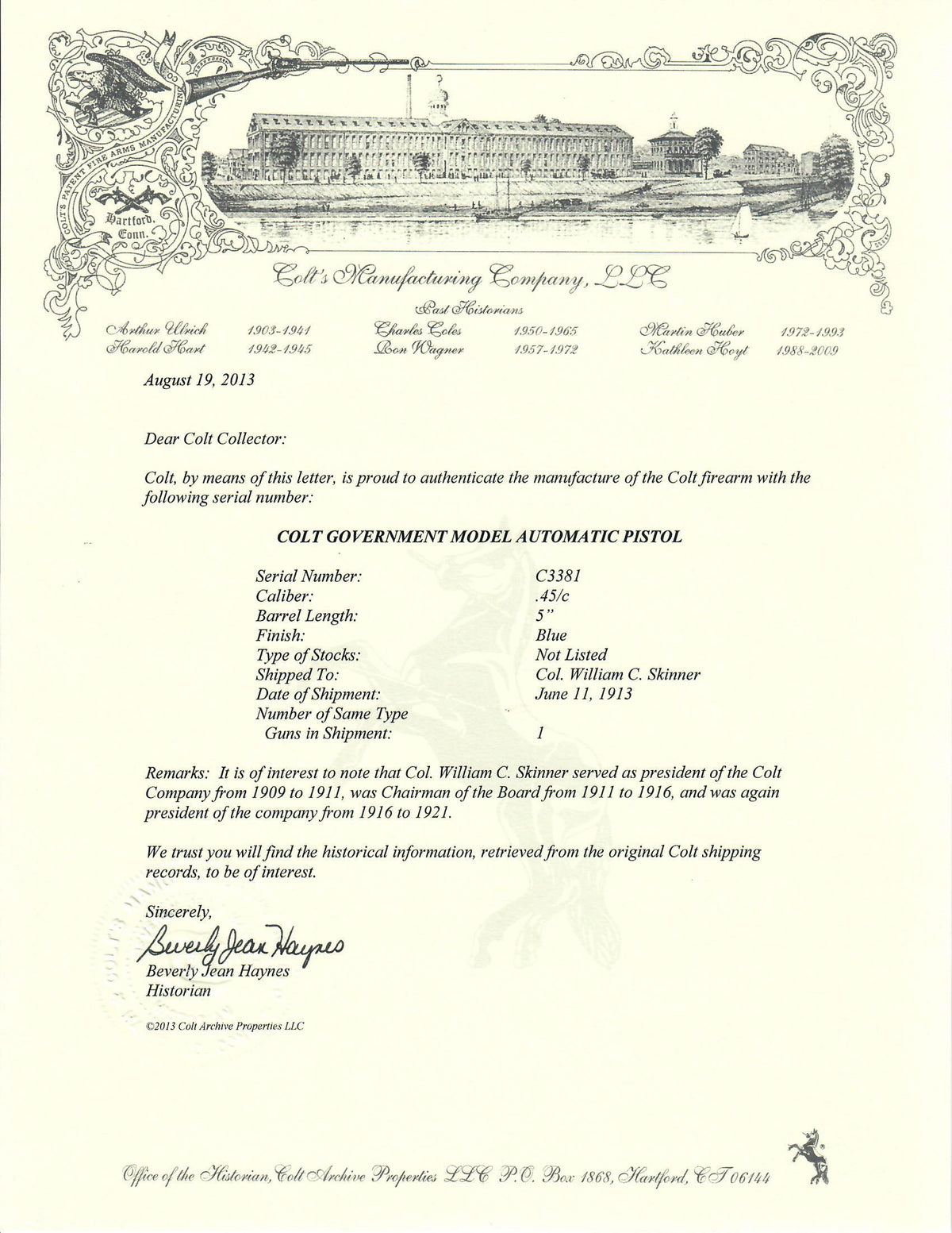 Colt Government Model 45ACP SN:C3381 MFG:1913 - Skinner