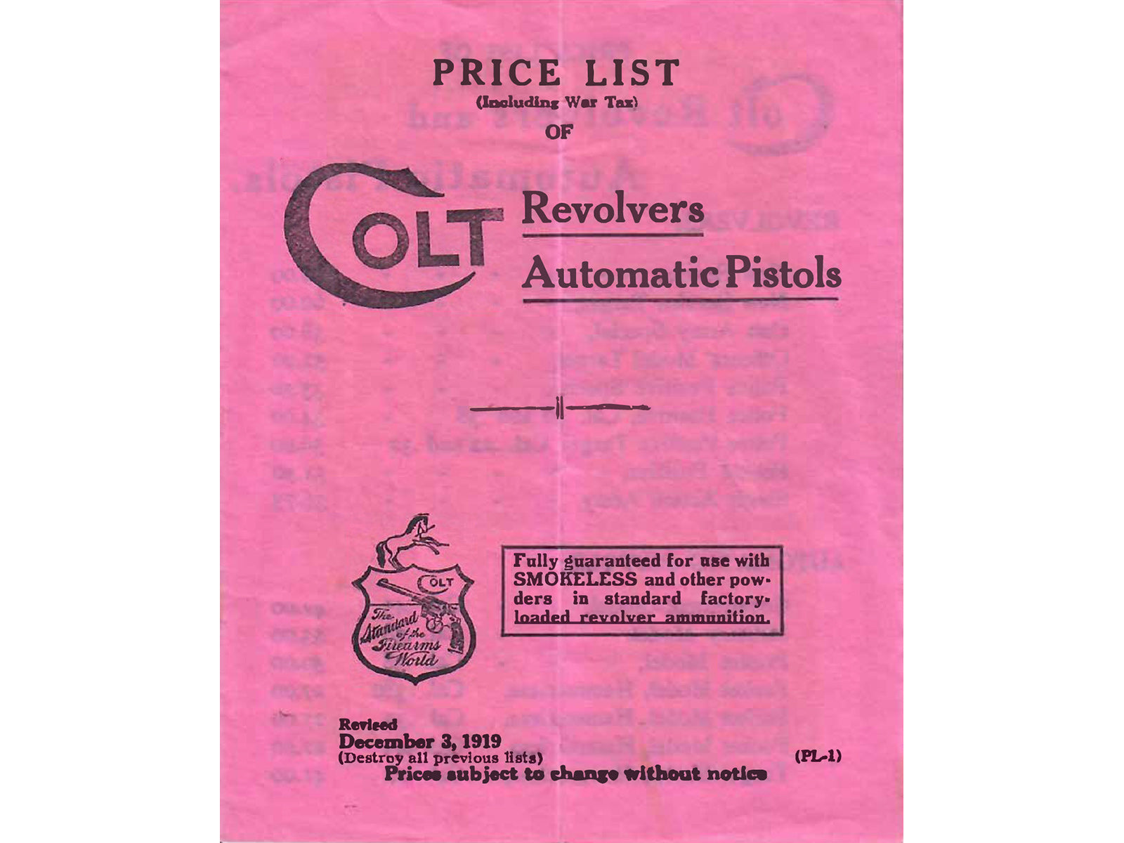 Colt Price List - 1919 December