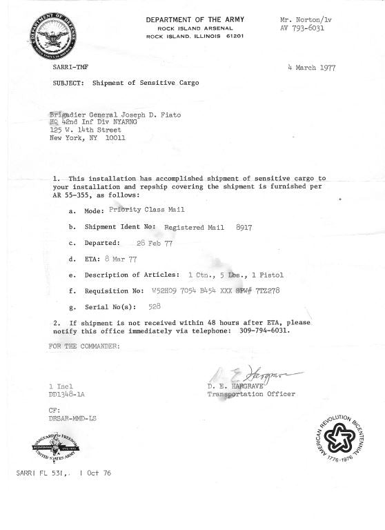 Rock Island Arsenal M15 General Officer Model 45ACP SN:GO 528 BG Joseph D. Fiato Jr.