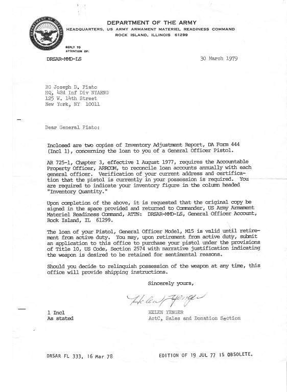 Rock Island Arsenal M15 General Officer Model 45ACP SN:GO 528 BG Joseph D. Fiato Jr.