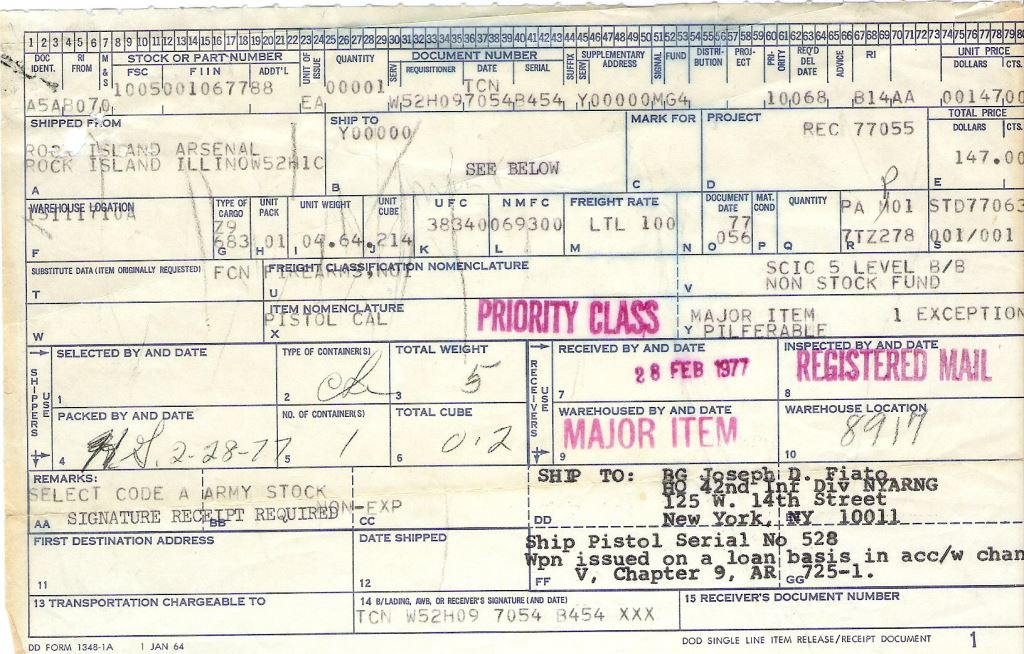 Rock Island Arsenal M15 General Officer Model 45ACP SN:GO 528 BG Joseph D. Fiato Jr.