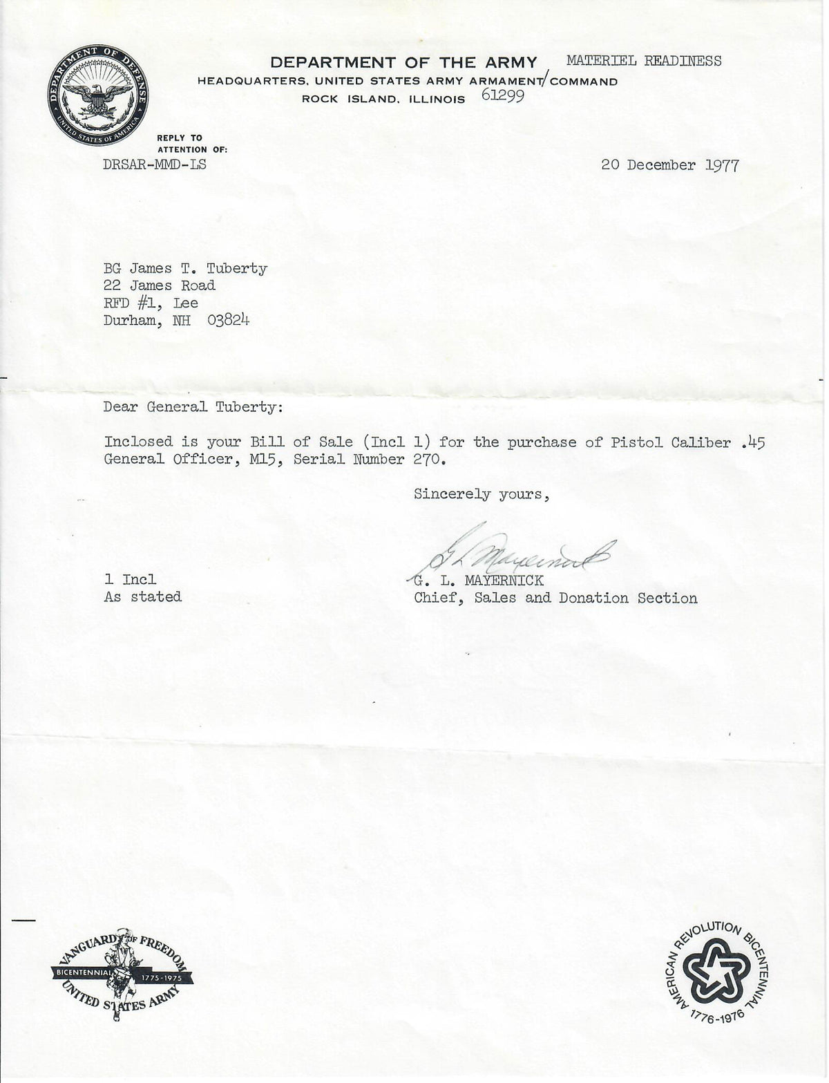 Rock Island Arsenal M15 General Officer Model 45ACP SN:GO 270 James T. Tuberty