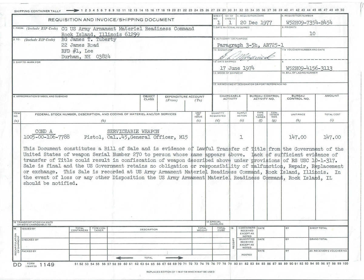 Rock Island Arsenal M15 General Officer Model 45ACP SN:GO 270 James T. Tuberty