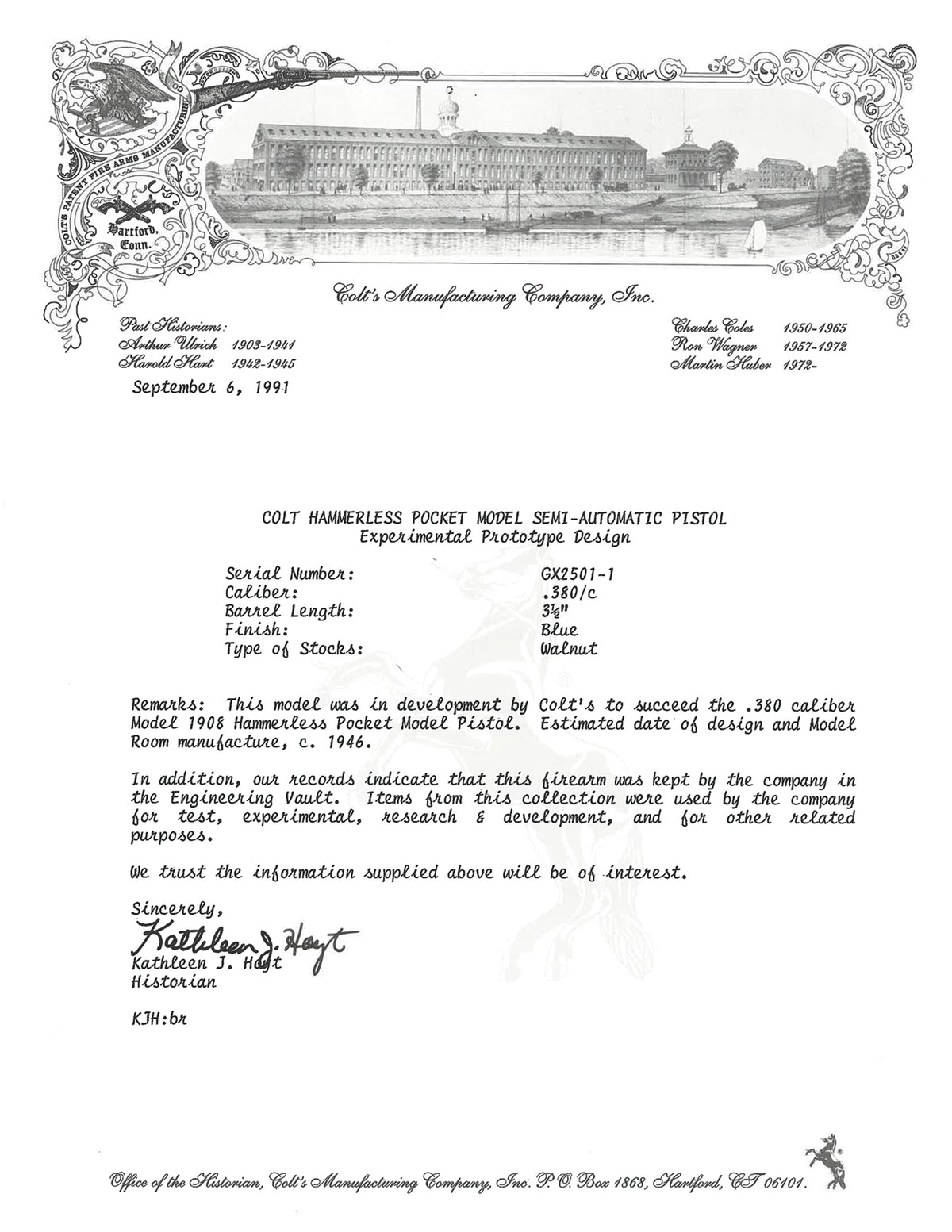 Colt Hammerless Experimental Prototype 380ACP SN:GX2501-1 MFG:1946