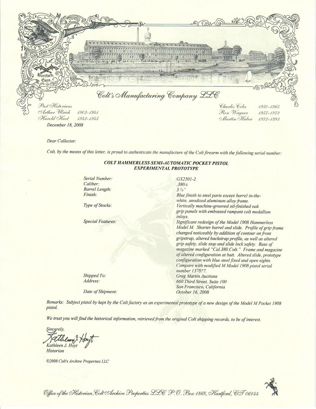 Colt Hammerless Experimental Prototype 380ACP SN:GX2501-2