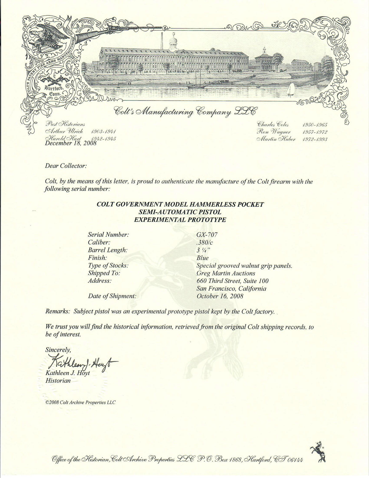 Colt Hammerless Experimental Prototype 380ACP SN:GX-707