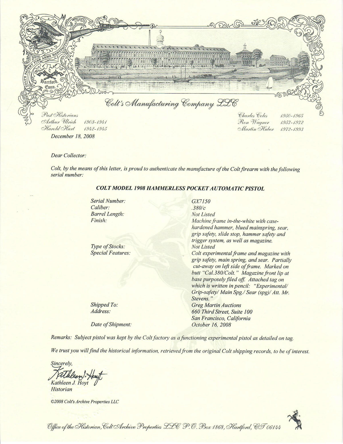 Colt Hammerless Experimental Prototype 380ACP SN:GX7150