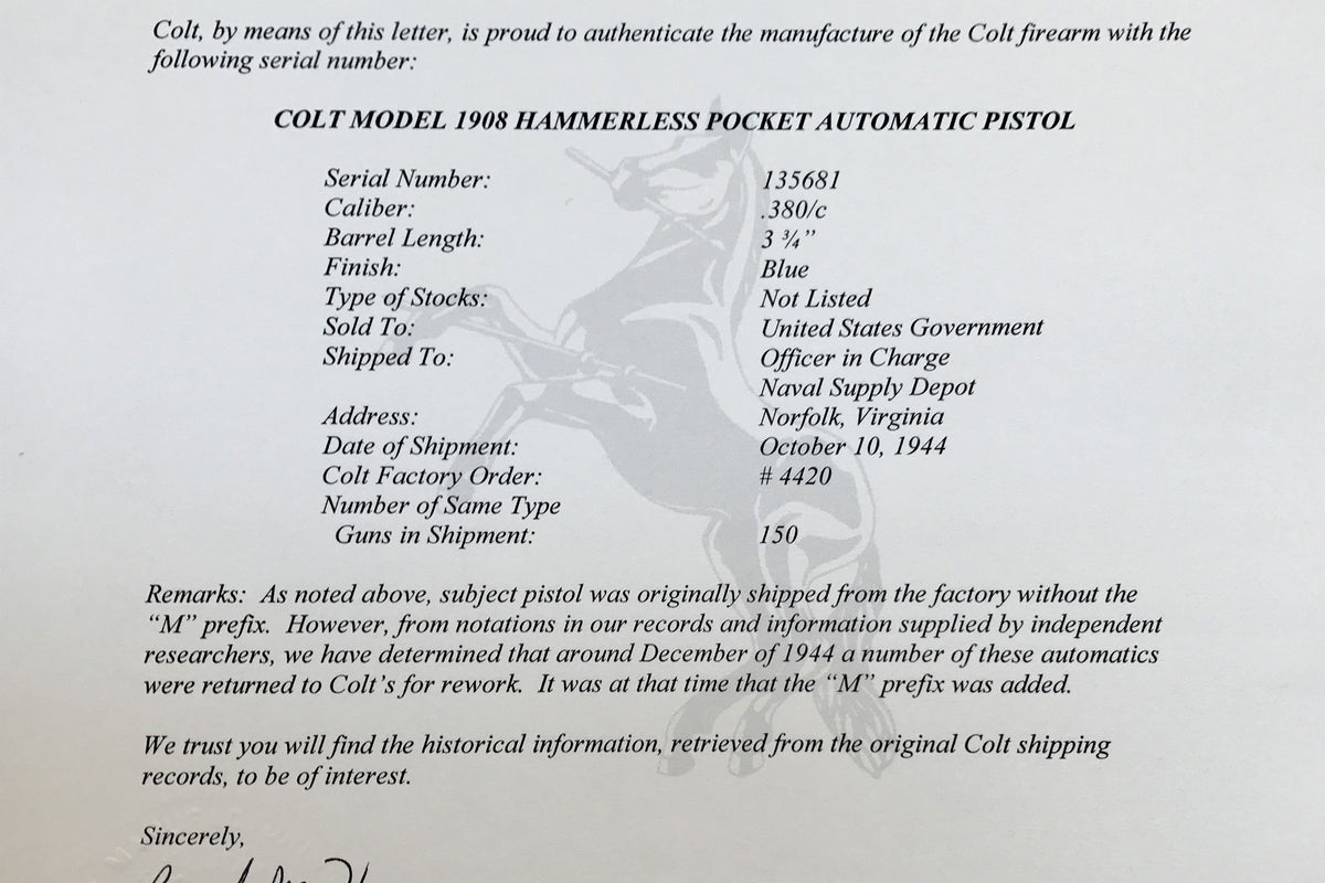 Colt 1908 Pocket Hammerless 380ACP SN:M135681 MFG:1944 Navy