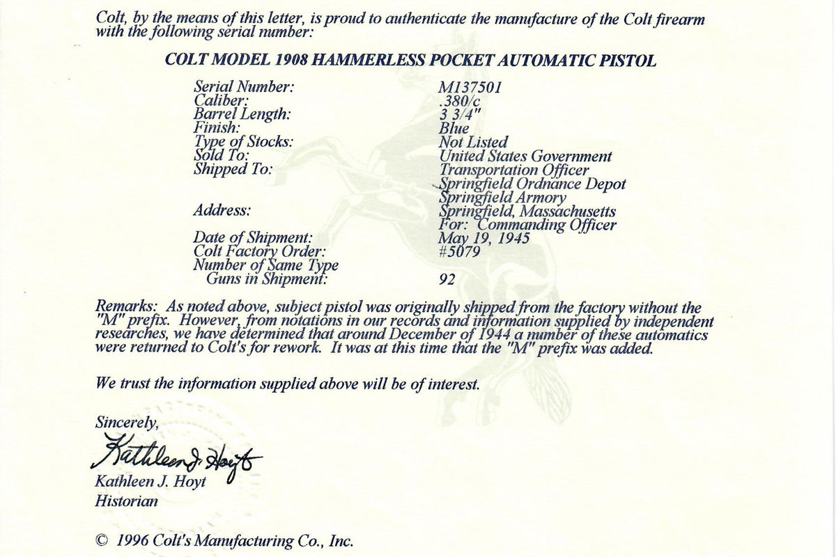 Colt 1908 Pocket Hammerless 380ACP SN:M137501 MFG:1945