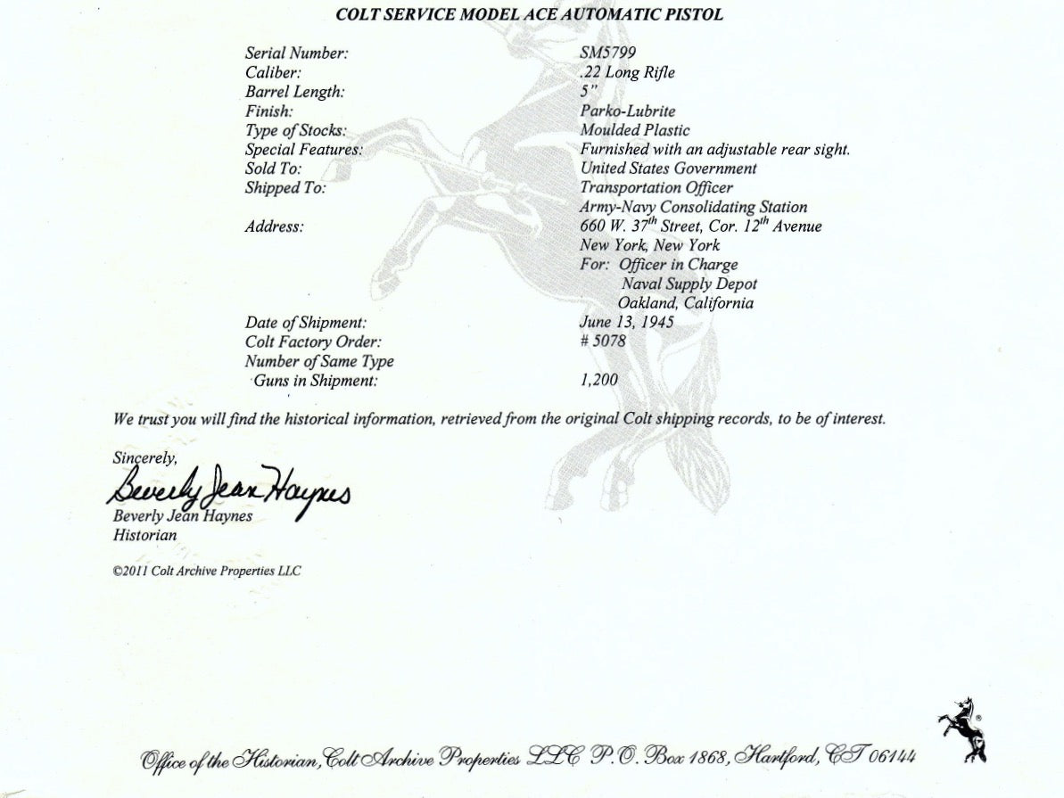 Colt Service Model Ace 22LR SN:SM5799 MFG:1945 Navy