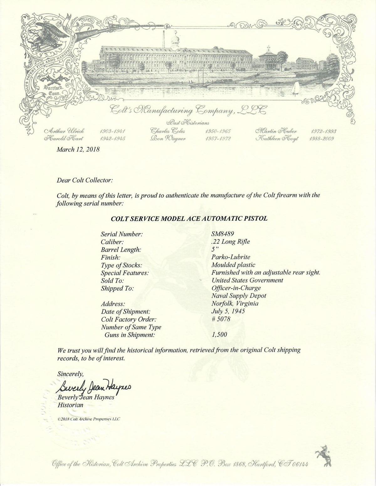Colt Service Model Ace 22LR SN:SM8489 MFG:1945 Navy