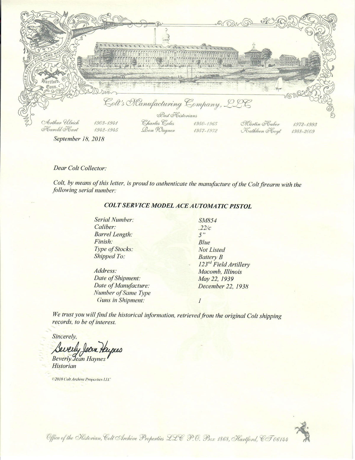 Colt Service Model Ace 22LR SN:SM854 MFG:1938 Field Artillery