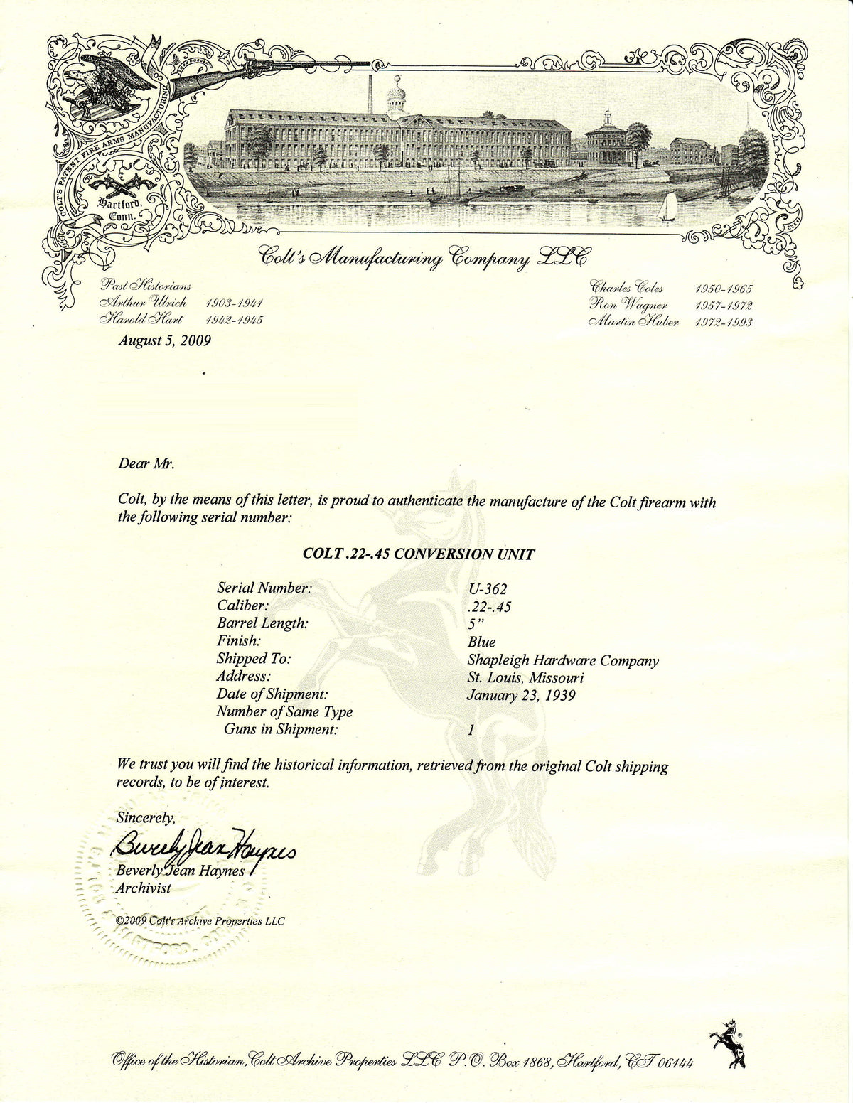 Colt .22-45 Conversion Unit SN:U-362 MFG:1939