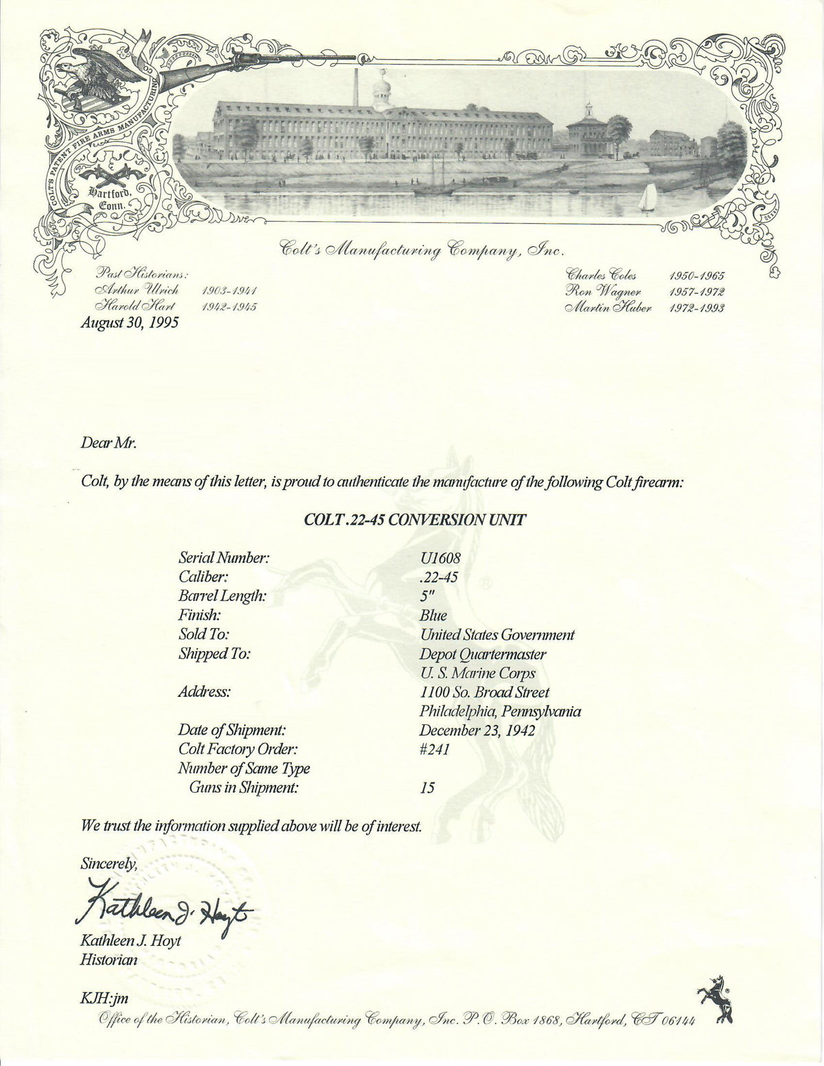 Colt .22-45 Conversion Unit SN:U-1608 MFG:1942 USMC