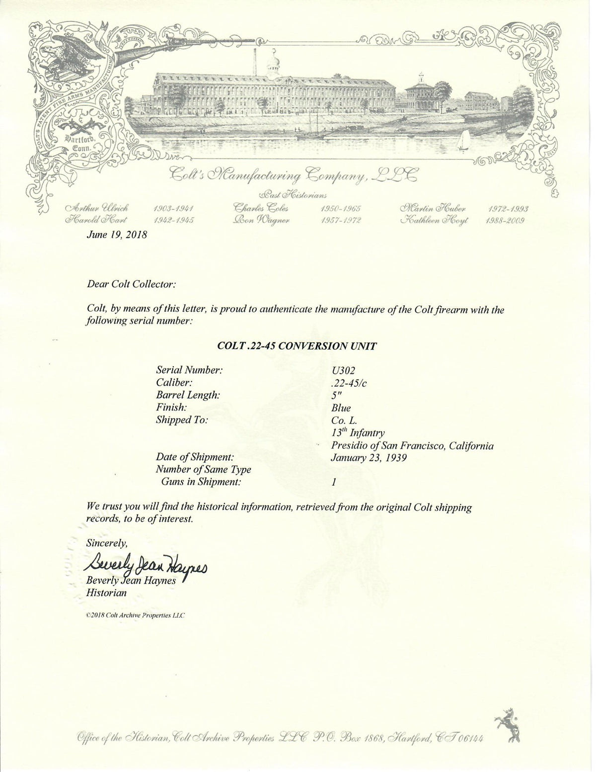 Colt .22-45 Conversion Unit SN:U-302 MFG:1939 Army